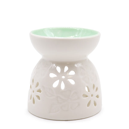 Quemador de Aceite Clasico Blanco - Floral con Pozo Teal