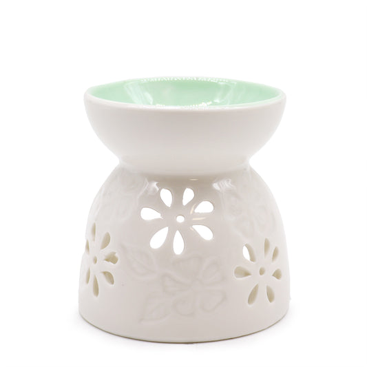 Quemador de Aceite Clasico Blanco - Floral con Pozo Teal